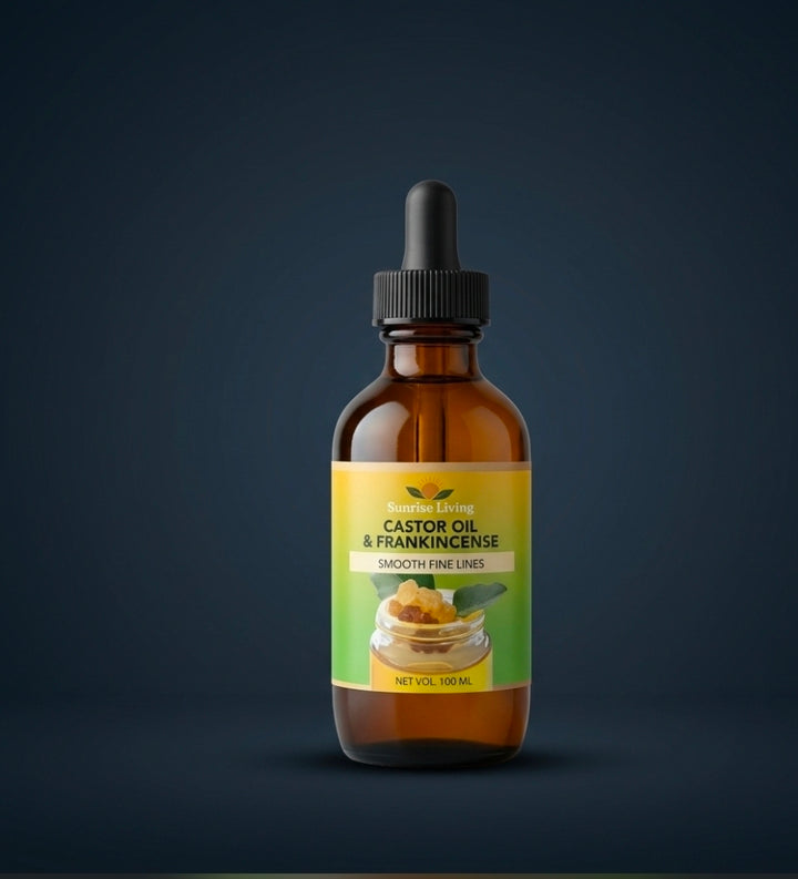 Bottle of castor oil and frankincense on a dark background