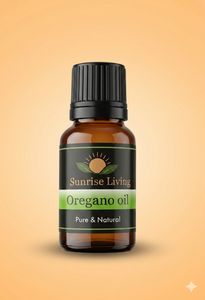 Bottle of Sunrise Living Oregano oil on a gradient background