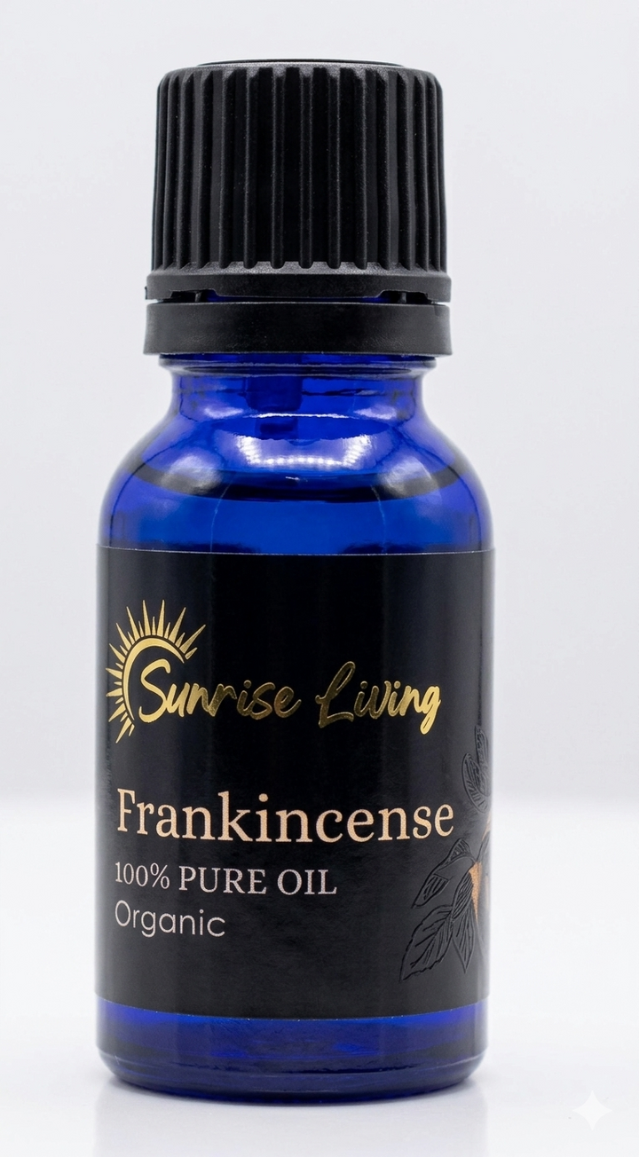 Bottle of Sunrise Living Frankincense oil on a white background