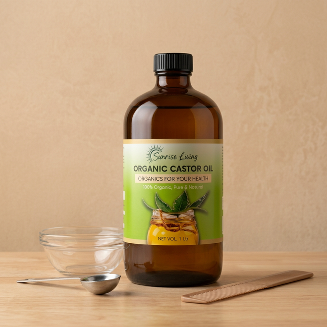 Castor oil bottle in a clean DIY hair-care setting