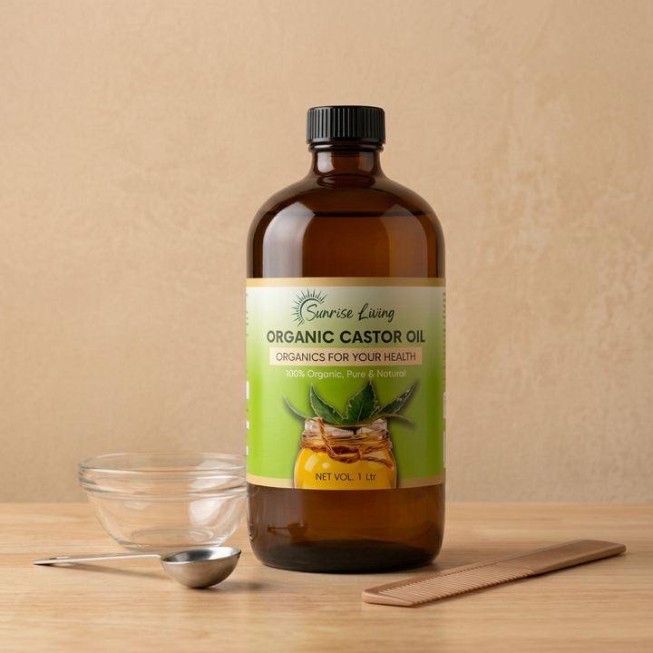 Castor oil bottle in a clean DIY hair-care setting