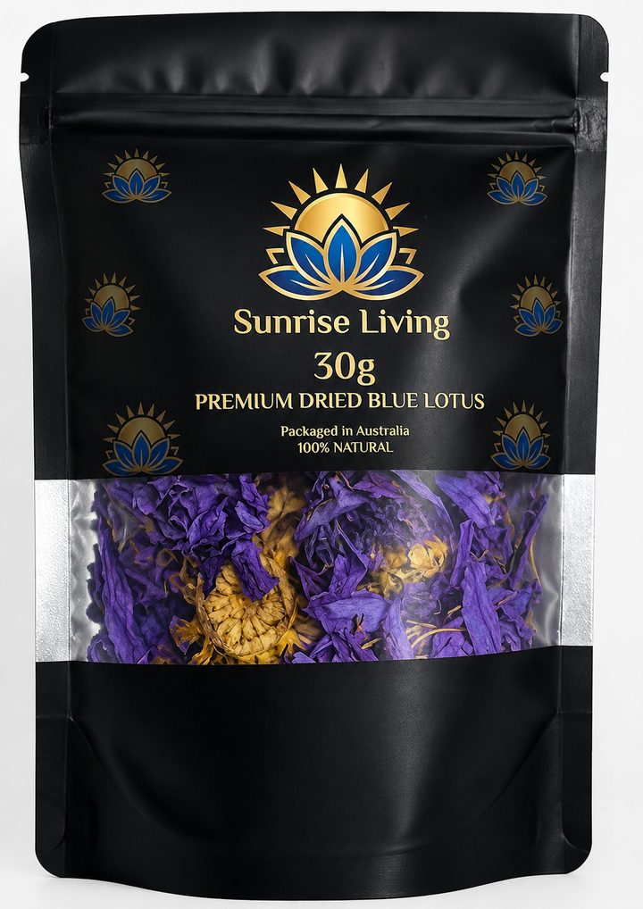 Black package of Sunrise Living Premium Dried Blue Lotus with visible contents.