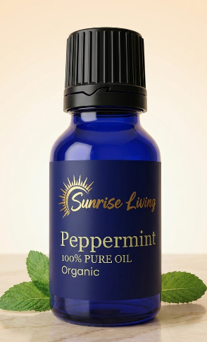 Blue bottle of peppermint essential oil with a black cap on a light wooden surface.