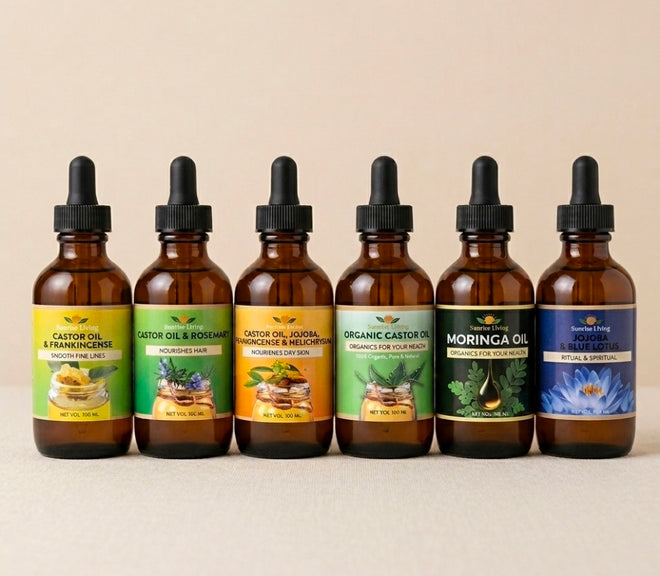 Sunrise Living Premium Castor Oil & Essential Oils Bundle | Complete Hair, Skin & Body Care Set (6-Pack)