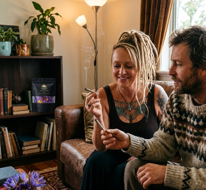 Two people sitting together in a cozy living room, one holding a lighter.