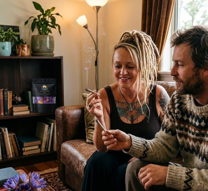 Two people sitting together in a cozy living room, one holding a lighter.