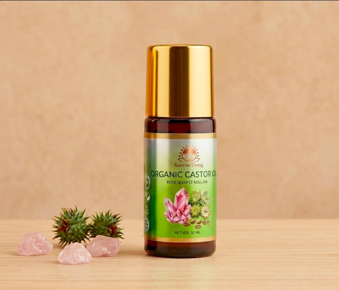 Organic Castor Oil Roll-On 50mL - Amber Glass Bottle Rose Quartz Roller
