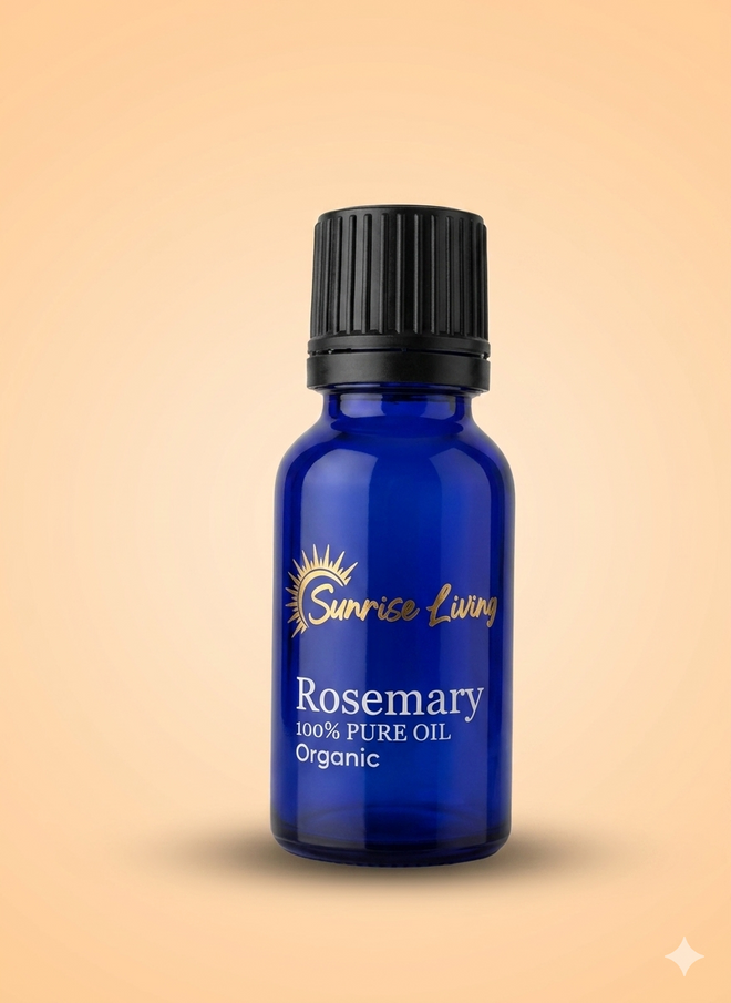 Blue bottle of Rosemary oil with black cap on a beige background