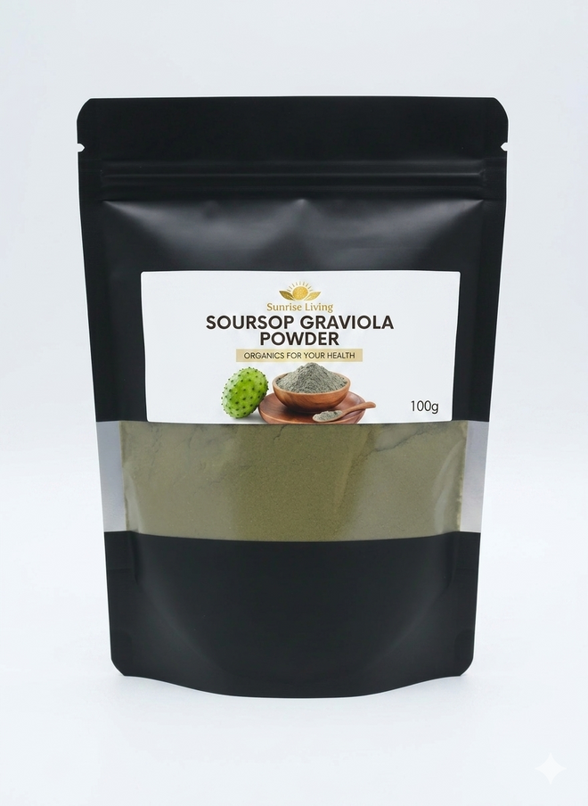 Black packaging of Soursop Graviola Powder with a clear window on a white background