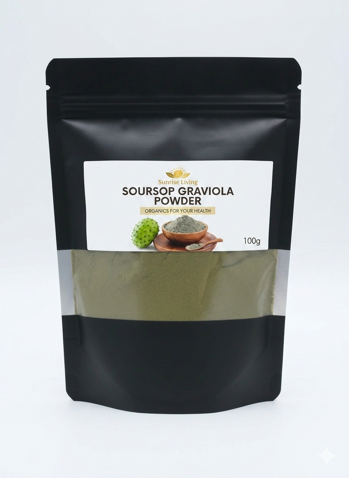 Black packaging of Soursop Graviola Powder with a clear window on a white background