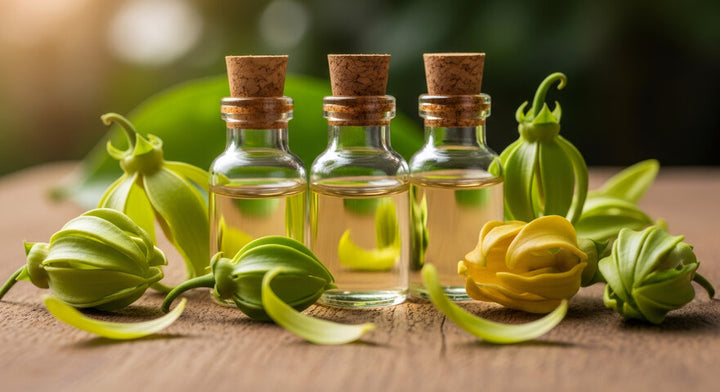 Bottle of ylang ylang essential oil surrounded by fresh yellow ylang ylang flowers