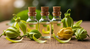 Bottle of ylang ylang essential oil surrounded by fresh yellow ylang ylang flowers